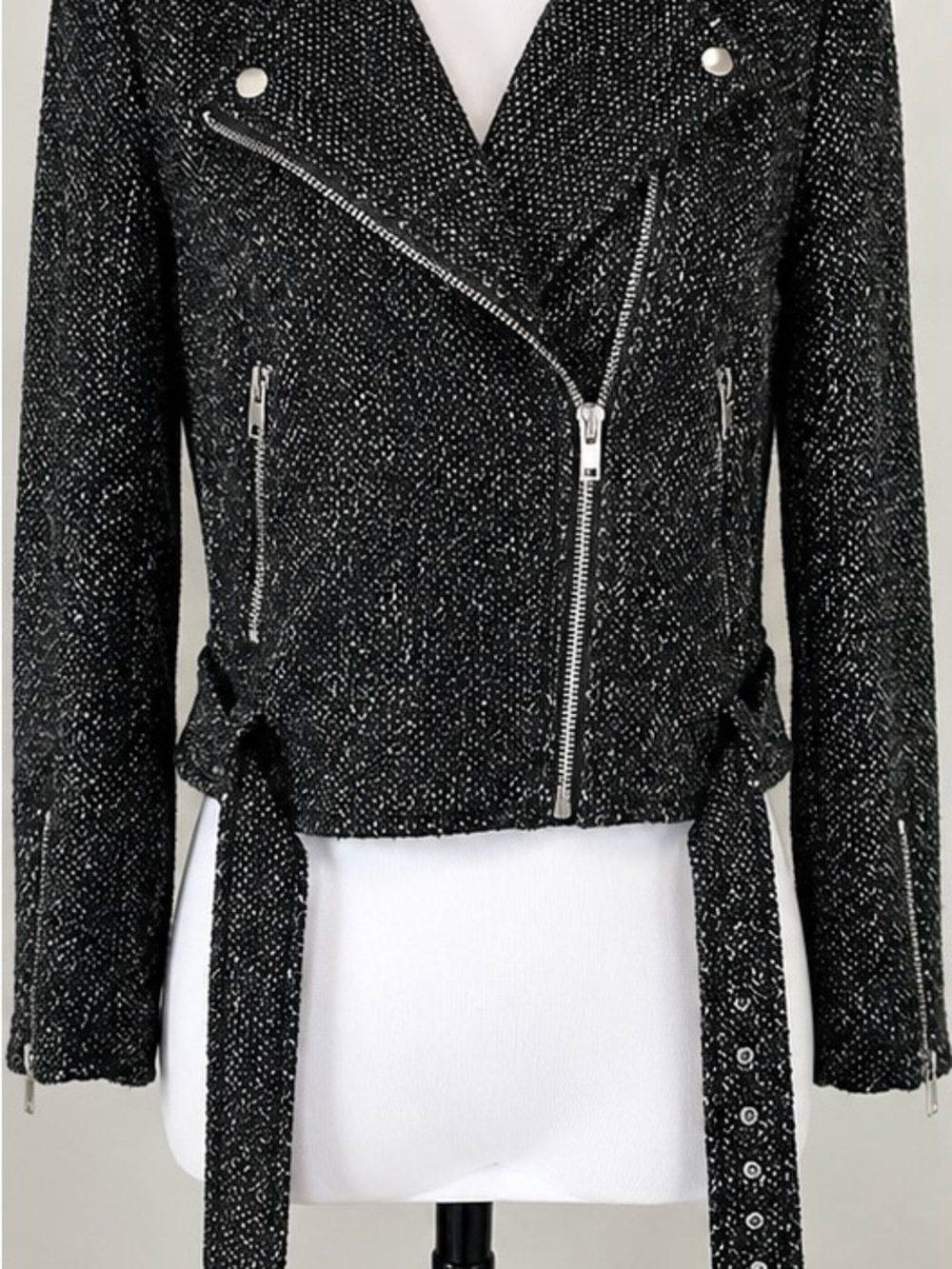 Club Monaco Women’s Tweed Moto Jacket Black White Belted Size Small S
